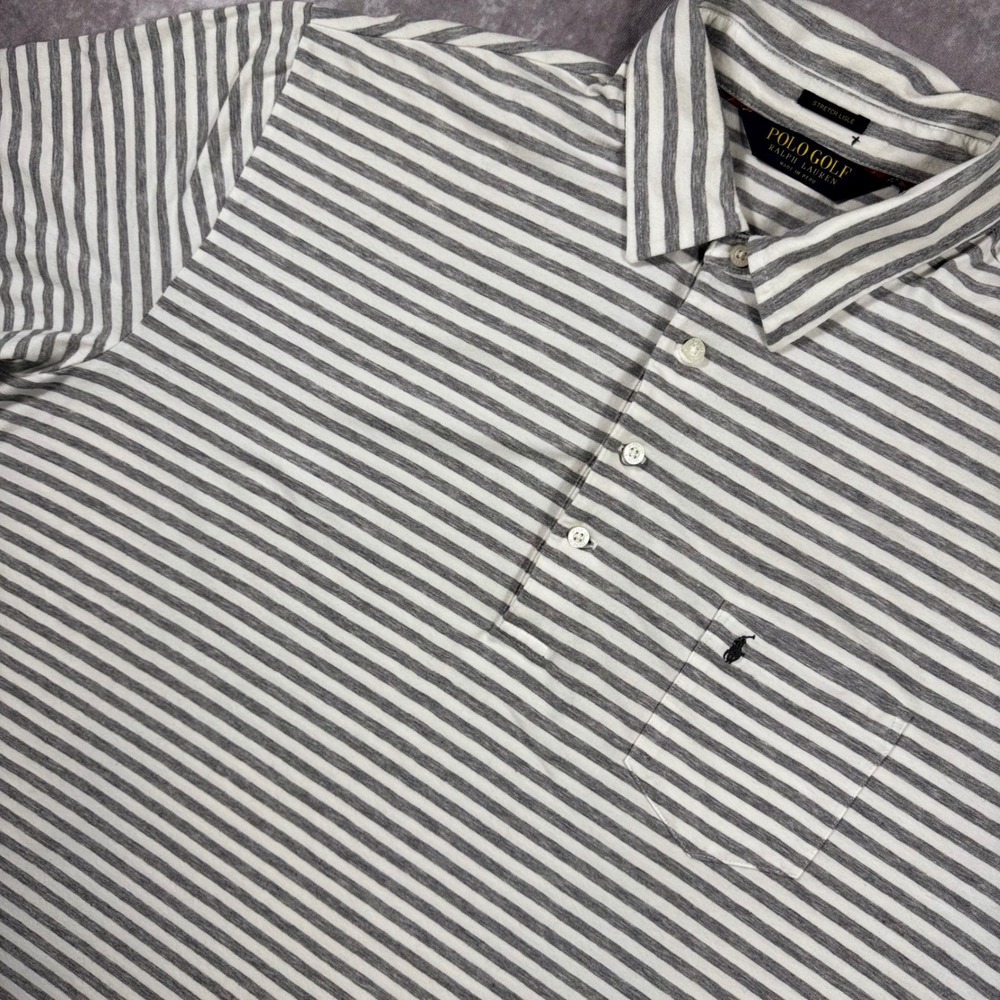 Polo Golf Ralph Lauren Mens XL Grey White Striped Pima Cotton Stretch Polo Shirt